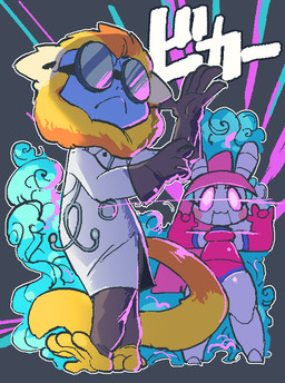 anthro barefoot black_clothing black_gloves black_handwear black_legwear blonde_hair blue_body blue_skin clothing coat devil_horns_(gesture) duo eyewear feet female fur gesture glove_snap gloves glowing glowing_eyes goggles hair hand_gesture handwear lab_coat legwear machine male medical_instrument pink_hair rosy_cheeks scientific_instrument stethoscope tail text topwear yellow_body yellow_fur sanjiro chao_pyon_pyon golden_snub-nosed_monkey haplorhine lagomorph leporid mammal monkey old_world_monkey primate rabbit robot robot_anthro snub-nosed_monkey japanese_text translated