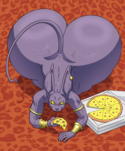 anthro armband ass_up athletic athletic_anthro athletic_male big_butt big_ears box butt container ear_piercing food glowing glowing_eyes gold_(metal) gold_jewelry hairless high-angle_view holding_food holding_object huge_butt hyper hyper_butt jewelry looking_at_viewer male mostly_nude_anthro mostly_nude_male piercing pizza pizza_box purple_body solo wristband yellow_sclera reagan700 dragon_ball dragon_ball_super beerus deity domestic_cat felid feline felis god_of_destruction hairless_cat mammal sphynx_(cat) 2025 hi_res