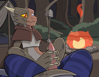 animal_genitalia anthro arm_support backward_arm_support barely_visible_cloaca barely_visible_genitalia blind_eye blue_body blush bodily_fluids bottomless bottomless_anthro broken_horn burn_scar camp campfire claws cloaca cloak clothed clothing digitigrade duo erection fangs feet female fire first_person_view foot_fetish foot_on_penis foot_play footjob forest genital_fluids genitals grey_body horn leaking_precum looking_at_genitalia looking_at_penis male male/female male_pov melee_weapon night on_ground outside penis plant polearm precum precum_on_foot reclining rock scar sex shrub sitting sleeping_bag smile spear spots striped_body stripes teeth tent toes tree two-footed_footjob weapon yellow_eyes ahatas elizabeth_(ahatas) lizard reptile scalie 2d_animation animated frame_by_frame hi_res