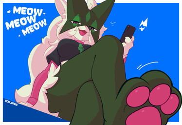 anthro biped bottomwear breasts clothed clothed_anthro clothed_female clothing feet female fingers front_view fully_clothed fully_clothed_anthro fully_clothed_female fur hair looking_at_viewer sitting smile solo teeth toes tongue topwear cat_citrus nintendo pokemon generation_9_pokemon meowscarada pokemon_(species) 2025 digital_drawing_(artwork) digital_media_(artwork) hi_res