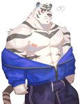 abs anthro black_body black_fur black_nose black_stripes blue_clothing blue_hoodie blue_inner_ear blue_topwear bottomwear cheek_tuft clothed clothing facial_tuft fur hoodie male markings multicolored_body multicolored_fur muscular muscular_anthro muscular_male nipples partially_clothed pawpads pecs question_mark simple_background solo speech_bubble striped_body striped_fur striped_markings striped_tail stripes tail tail_markings topwear tuft two_tone_body two_tone_fur white_background white_body white_fur cilok animal_crossing nintendo rolf_(animal_crossing) felid mammal pantherine tiger 2022 digital_media_(artwork) hi_res