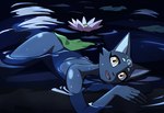 black_body black_fur brown_eyes fangs female flower fur looking_at_viewer nude open_mouth partially_submerged plant solo teeth tongue water_lily wet wet_body nulia tarahe domestic_cat felid feline felis humanoid mammal 2024 hi_res