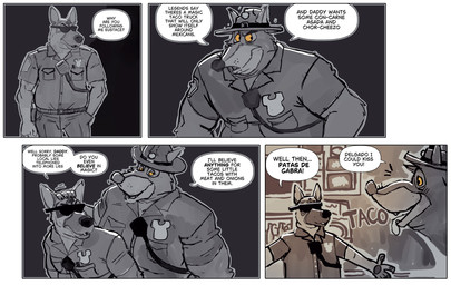 4_panel_comic anthro athletic athletic_anthro athletic_male badge belly breath clothing dialogue duo electronics eyewear headpat male overweight overweight_anthro overweight_male panting police police_hat police_officer police_uniform size_difference speech_bubble sunglasses taco_truck text tongue tongue_out uniform walkie-talkie hunter-husky delgado sheriff_of_nottingham canid canine canis domestic_dog german_shepherd herding_dog mammal pastoral_dog wolf comic english_text greyscale hi_res monochrome