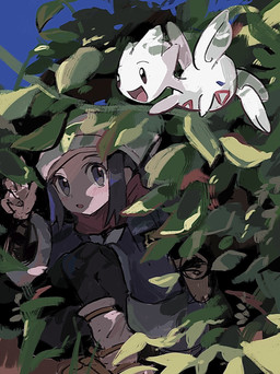 ambiguous_gender blue_eyes blue_hair blush brown_eyes clothing crouching duo eyelashes female footwear hair headgear headwear open_mouth plant shoes shrub tongue white_body 1south3927 nintendo pokemon pokemon_legends_arceus akari_(pokemon) generation_2_pokemon human mammal pokemon_(species) togetic 2022 hi_res