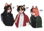 anthro claws clothed clothing fingers fur group hair male open_mouth simple_background trio rottenrollz mikah_miller_(character) domestic_cat felid feline felis hybrid mammal procyonid raccoon digital_drawing_(artwork) digital_media_(artwork) hi_res brother_(lore) sibling_(lore)