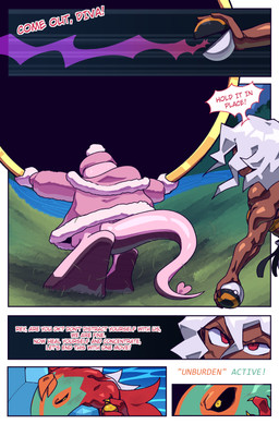 ambiguous_gender anthro biped black_sclera clothing dark_body dark_skin dialogue female food fruit great_ball hair healing holding_object holding_portal multicolored_body muscular muscular_ambiguous muscular_anthro muscular_female muscular_human pink_body pink_pseudo_clothing plant pokeball pokemon_berry pom_hat portal portal_ring pseudo_hat red_eyes sitrus_berry solo speech_bubble tail text topwear ultra_ball white_hair yelling_at_another yellow_clothing yellow_topwear cuchuflin nintendo pokemon diva_(cuchuflin) mia_(cuchuflin) rey_(cuchuflin) generation_5_pokemon generation_6_pokemon hawlucha human mammal pokemon_(species) regional_form_(fakemon) scrafty absurd_res comic english_text hi_res