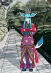 3_toes 4_fingers anthro asian_clothing blue_body blue_eyes blue_hair blurred_background branch breasts cape clothing east_asian_clothing feet female fingers flower footwear green_body hair hands_in_front happy headgear headwear holowear_(pokemon) japanese_clothing kimono looking_at_viewer park plant raised_tail red_cape red_clothing sandals shoes shrub smile solo standing tail toes tree white_ears quake-1 nintendo pokemon pokemon_unite eeveelution generation_4_pokemon glaceon pokemon_(species) shiny_pokemon absurd_res hi_res