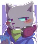 anthro blue_eyes blue_sweatshirt blush border clothed clothing electronics fur green_clothing green_shirt green_topwear grey_body grey_fur headphones hoodie male phone shirt solo topwear whiskers white_border saku1saya working_buddies! kuehiko_roshihara domestic_cat felid feline felis mammal 2018 hi_res