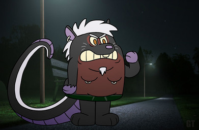 anthro belly clothing ear_piercing facial_hair goatee homage long_tail male night nipple_piercing nipples overweight overweight_male park piercing solo tail underwear whiskers gtskunkrat gtskunkrat_(character) hybrid mammal mephitid murid murine rat rodent skunk