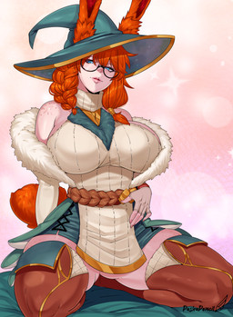 big_breasts blue_eyes braided_hair breasts clothing eyelashes eyewear female freckled_face freckled_legs freckled_shoulders freckles furgonomics glasses hair hat headgear headwear huge_breasts kneeling legwear long_eyelashes orange_hair scut_tail short_tail solo tail thigh_highs witch_hat pashapencil league_of_legends riot_games tencent aurora_(lol) animal_humanoid humanoid lagomorph lagomorph_humanoid leporid_humanoid mammal mammal_humanoid rabbit_humanoid 2026 hi_res