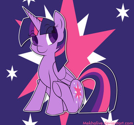 abstract_background blue_background cutie_mark feathered_wings feathers female feral fur hair horn multicolored_hair pattern_background purple_body purple_eyes purple_feathers purple_fur purple_hair simple_background sitting smile solo star star-shaped_background star_polygon tail text two_tone_hair wings mekhalive friendship_is_magic hasbro my_little_pony mythology twilight_sparkle_(mlp) equid equine mammal mythological_creature mythological_equine winged_unicorn 2013 english_text purple_theme signature source_request unavailable_at_source