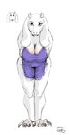 2_horns 4_toes anthro apron apron_only bare_shoulders big_breasts big_eyes biped black_claws black_eyebrows black_eyes breasts claws clothed clothing curved_eyebrows curved_horn cute_fangs eyebrows eyelashes fangs feet female floppy_ears frilly frilly_apron frilly_clothing front_view fur hands_behind_back horn iris leaning leaning_forward legs_together light_body light_fur long_ears long_eyelashes looking_at_viewer lop_ears mature_anthro mature_female monotone_body monotone_fur mostly_nude mostly_nude_anthro mostly_nude_female mouth_closed no_pupils open_mouth open_smile plantigrade purple_apron purple_clothing red_eyes short_horn simple_background skimpy small_horn smile smiling_at_viewer snout solo standing straight_legs tan_horn teeth text thick_thighs thin_eyebrows toe_claws toes two_tone_breasts white_background white_body white_ears white_fur white_horn year snake_(artist) undertale undertale_(series) toriel boss_monster_(undertale) bovid caprine goat mammal 2025 artist_name digital_drawing_(artwork) digital_media_(artwork) full-length_portrait hi_res portrait