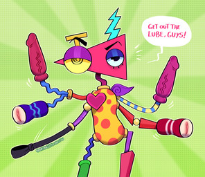 dildo eyebrows half-closed_eyes heart_symbol motion_lines multi_arm multi_limb narrowed_eyes penetrable_sex_toy raised_eyebrow riding_crop sex_toy smug_eyes solo speech_bubble whip ari_dibujitos glitch_productions the_amazing_digital_circus zooble_(tadc) humanoid living_toy absurd_res hi_res spanish_description nonbinary_(lore)