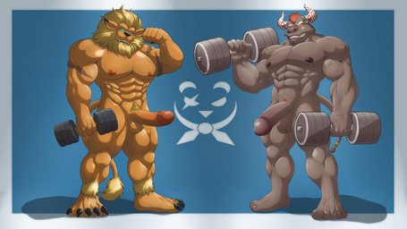anthro big_penis biped duo erection exercise flexing flexing_bicep genitals horn humanoid_genitalia humanoid_penis hypnosis male mind_control muscular muscular_anthro muscular_male muscular_sub nipples nude_anthro nude_male pecs penis ringed_eyes simple_background slave smile submissive submissive_anthro submissive_male training weightlifting workout x-zudomon bandai_namco digimon lifewonders tokyo_afterschool_summoners gyumao_(tas) bovid bovine cattle digimon_(species) leomon mammal 16:9 widescreen