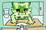 ambiguous_gender anthro anthrofied bathroom bodily_fluids crying pokemorph red_eyes reflection shaking shitpost snot solo tears toilet anonymous_artist is_that_your_fucking_fursona?_that's_cringe nintendo pokemon felid feline generation_9_pokemon mammal pokemon_(species) sprigatito low_res meme reaction_image redraw