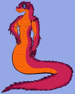4_fingers anthro apode blue_background breasts casual_nudity featureless_breasts female fingers hand_on_hip hand_on_own_hip legless navel nude nude_anthro nude_female purple_eyes red_body serpentine simple_background solo spiked_tail spikes spikes_(anatomy) tail spezza bush_viper draconcopode naga old_world_viper reptile scalie snake snake_naga viper 2017 digital_media_(artwork)