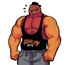 anthro black_clothing bottomwear clothing grey_clothing male muscular muscular_male red_body shirt smile smiling_at_viewer solo tank_top text topwear dynogreeno epic_games fortnite fish_thicc_(fortnite) aquatic fish hi_res
