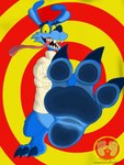 3_toes abstract_background anthro blue_body blue_fur bottomless bottomless_anthro bottomless_male claws clothed clothing eyebrows feet foot_focus fur insane logo looking_at_viewer male male_anthro on_one_leg open_mouth patreon_logo pawpads restraints solo spiral_background standing straitjacket teeth text toe_claws toes tongue tongue_out roadkill-sarny activision crash_bandicoot_(series) patreon ripper_roo kangaroo macropod mammal marsupial 2023 3:4 absurd_res artist_logo colored digital_drawing_(artwork) digital_media_(artwork) hi_res url