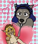 accessory anthro big_nose blonde_hair blue_hair cowboy_hat_only duo feeding hair hair_accessory hairband kitchen_utensils love male male/trans_male tools grungobuisquit canada_lynx canid canine canis eurasian_wolf felid feline lynx mammal wolf trans_(lore) trans_man_(lore)