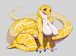 amelanistic anthro big_breasts breasts claws featureless_breasts female fingerless_(marking) fingers grey_background markings pupils red_sclera scales simple_background slit_pupils solo tail white_body white_scales yellow_body yellow_scales emmyliquid burmese_python reptile scalie snake 2024 digital_media_(artwork) hi_res