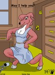 anthro black_nose breasts brown_body brown_fur cleavage clothed clothing dialogue dress eyelashes female fur hooves looking_at_viewer pencil_(object) smile solo text kthanid_(artist) rutwell_forest donna_doe deer mammal 2000 english_text