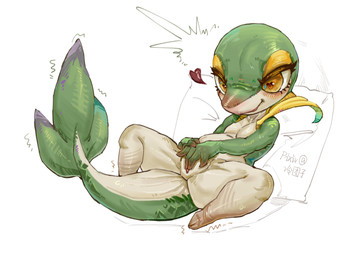 anthro eyeshadow female genitals heart_eyes heart_pupils heart_symbol makeup solo tail vulva yellow_eyes yellow_eyeshadow lengtuanzi nintendo pokemon generation_5_pokemon pokemon_(species) snivy 4:3 hi_res