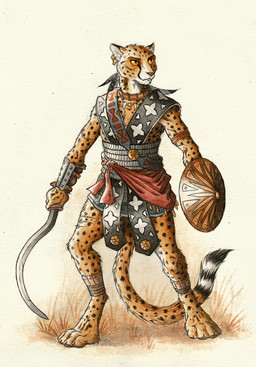 4_toes 5_fingers ankle_wraps anthro armband armor biped choker clothed clothing digitigrade ear_piercing ear_ring feet fingers fur grass holding_melee_weapon holding_object holding_shield holding_sword holding_weapon jewelry looking_forward male markings melee_weapon necklace orange_body orange_eyes orange_fur outside piercing plackart plant ring_piercing round_shield sash scar shield solo spots spotted_body spotted_fur spotted_markings spotted_tail standing striped_markings striped_tail stripes sword tail tail_markings toes vambrace weapon 0laffson cheetah felid feline mammal 2016 hi_res painting_(artwork) traditional_media_(artwork) traditional_painting_(artwork) traditional_watercolor_(artwork) watercolor_(artwork)