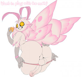 4_arms 4_fingers antennae_(anatomy) anthro backsack balls bent_over big_eyes black_sclera clothing condom femboy fingers fluffy genitals ineffective_clothing male male_anthro multi_arm multi_limb penis removing_underwear sexual_barrier_device smile solo taking_off_panties text thong thong_down underwear undressing_self wings yellow_eyes cerezo mothy_(cerezo) arthropod insect lepidopteran moth hi_res