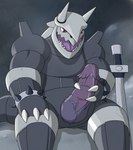 anthro big_penis claws erection genitals horn huge_penis male masturbation melee_weapon open_mouth penis pose solo sword weapon ra-yiko nintendo pokemon aggron dinosaur generation_3_pokemon pokemon_(species) prehistoric_species reptile saurid scalie hi_res pinup