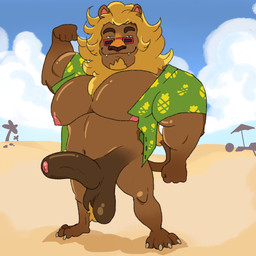 anthro ball_tuft balls beard bottomless bottomless_male brown_body brown_fur clothed clothing darkened_balls darkened_genitalia darkened_penis day eyewear facial_hair flexing foreskin fur genitals humanoid_genitalia humanoid_penis male mane muscular muscular_male nipples open_clothing open_shirt open_topwear outside partially_clothed pecs penis pubes public shirt solo sunglasses topwear tuft unbuttoned_shirt furrypickles animal_crossing nintendo bud_(animal_crossing) felid feline lion mammal pantherine 1:1 hi_res