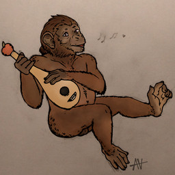 5_fingers 5_toes anthro balls barely_visible_balls barely_visible_genitalia brown_balls brown_body brown_eyes brown_fur feet fingers fur genitals lute male musical_instrument musical_note musical_symbol nude plucked_string_instrument singing sitting solo string_instrument symbol toes narcixus ape chimpanzee haplorhine mammal pan_(genus) primate 1:1 2021 signature traditional_media_(artwork)