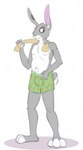 anthro blue_eyes bottomwear bulge clothed clothing front_view fur green_bottomwear green_clothing grey_body grey_ears grey_fur inner_ear_fluff male narrowed_eyes navel nipples pink_inner_ear simple_background solo standing topless towel towel_around_neck tuft white_background white_body white_fur white_inner_ear_fluff bucklebunny lagomorph leporid mammal rabbit full-length_portrait hi_res portrait