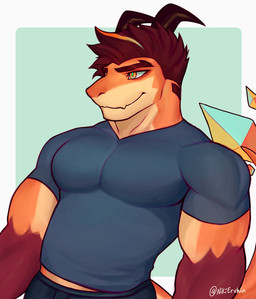 2_horns anthro black_horn bottomwear brown_hair clothed clothing curved_horn flesh_fang hair horn male orange_body orange_eyes shirt smile solo t-shirt tight_clothing tight_shirt tight_topwear topwear nikiervhin mythology aldrake_(jaybeyyy) dragon mythological_creature mythological_scalie scalie digital_media_(artwork) hi_res signature