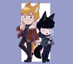 alternate_costume bangs blush bottomwear chain chain_leash chibi clothing duo fangs footwear humanoidized jacket leash male pants prick_ears shoes smile tail teeth topwear poppukopimimi mob_psycho_100 one_(manga) reigen_arataka shigeo_kageyama animal_humanoid canid canid_humanoid canine canine_humanoid humanoid mammal mammal_humanoid wolf_humanoid absurd_res hi_res