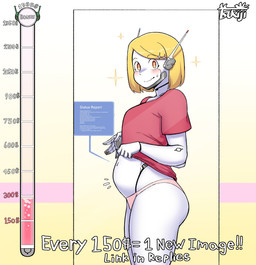 big_butt blush bodily_fluids breasts butt clothing donation_drive female happy looking_at_mirror looking_at_object machine mirror not_furry panties pregnant smile solo sweat text underwear tsukiji millie_(tsukiji) android humanoid robot english_text hi_res