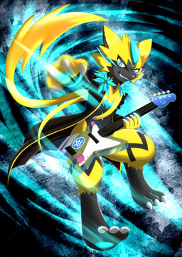 3_toes 4_fingers ambiguous_gender anthro bass_guitar biped blue_eyes claws clothing feet finger_claws fingers fur guitar holowear_(pokemon) jacket looking_at_viewer musical_instrument plucked_string_instrument solo string_instrument toe_claws toes topwear white_claws yellow_body yellow_fur perrucherc nintendo pokemon pokemon_unite band_style_zeraora felid feline generation_7_pokemon legendary_pokemon mammal pokemon_(species) zeraora 2019 absurd_res full-length_portrait hi_res portrait