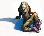 anthro arm_support biped bottomwear clothed clothing footwear front_view fully_clothed fur male pants shirt shoes simple_background sitting sneakers solo tank_top topwear white_background emboss0320 canid canine canis mammal wolf sketch