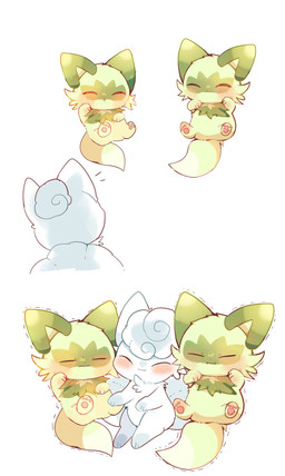 :3 ambiguous_gender annoyed blush blush_lines cheek_tuft chest_tuft curly_hair eyes_closed facial_tuft feral fur green_body green_fur group hair happy nude open_mouth open_smile pawpads pink_pawpads shaking simple_background smile tail trio tuft white_background white_body white_fur yupo_0322 nintendo pokemon alolan_form alolan_vulpix generation_7_pokemon generation_9_pokemon pokemon_(species) regional_form_(pokemon) sprigatito colored colored_sketch digital_drawing_(artwork) digital_media_(artwork) hi_res shaded sketch