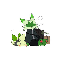 ambiguous_gender anthro bag black_clothing blush bodily_fluids bottomwear cheek_tuft clothed clothed_anthro clothed_feral clothing dipstick_ears duo ear_markings eyes_closed facial_tuft feet feral fur green_body green_fur green_tail jacket kemono lying multicolored_ears on_front open_mouth pants pawpads paws pink_pawpads shirt simple_background sitting size_difference soles suitcase sweat sweatdrop tail topwear tuft white_background tontaro nintendo pokemon felid feline floragato generation_9_pokemon mammal pokemon_(species) sprigatito 1:1 digital_media_(artwork) signature watermark