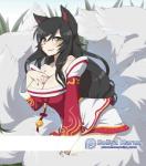 amber_eyes bare_shoulders big_breasts black_hair blush breasts cleavage clothed clothing facial_markings female hair half-closed_eyes hand_on_breast head_markings long_hair looking_at_viewer markings multi_tail narrowed_eyes smile solo tail sollyz league_of_legends riot_games tencent ahri_(lol) animal_humanoid canid canid_humanoid canine canine_humanoid fox_humanoid humanoid mammal mammal_humanoid vastaya 2d_animation animated motion_tweening short_playtime