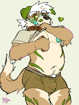 anthro bulge collar detailed_bulge male markings pubes solo standing teasing tongue tongue_out tuft hollowpup hollowpup_(character) canid canine canis domestic_dog mammal absurd_res hi_res
