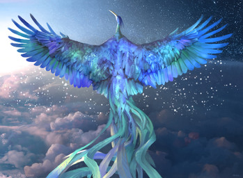 ambiguous_gender beak blue_body blue_feathers cloud feathers feral flying green_body green_feathers rear_view solo sparkles spread_wings star tail wings daniel_ljunggren hasbro magic:_the_gathering wizards_of_the_coast avian bird official_art