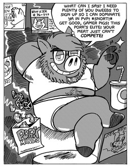 anthro beard beverage briefs clothed clothing dialogue ear_piercing eyewear facial_hair glasses group hypnosis hypnotic_screen male mind_control overweight overweight_male pantsless pantsless_anthro piercing ringed_eyes soda speech_bubble submissive submissive_male text transformation underwear billy_fore spire_(malyrn) mammal suid suine sus_(pig) black_and_white comic english_text hi_res monochrome