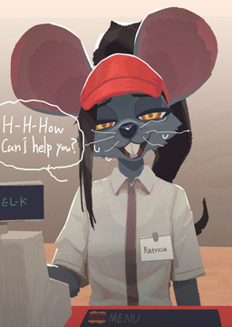 anthro bent_whiskers biped black_hair bottomwear bra_outline buckteeth clothed clothed_anthro clothed_female clothing dialogue female front_view fully_clothed fully_clothed_anthro fully_clothed_female fur grey_body grey_fur hair hat headgear headwear inside looking_at_viewer open_mouth solo speech_bubble standing talking_to_viewer teeth text tongue topwear whiskers yellow_eyes el-k ratricia_(el-k) mammal mouse murid murine rodent 2025 absurd_res digital_drawing_(artwork) digital_media_(artwork) english_text hi_res