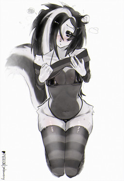 anthro bikini bikini_top black_body black_eyelids black_fur black_hair blush clothing eyebrow_piercing facial_piercing female flat_chested fluffy fur hair hair_over_eye kneeling legwear lifted_topwear long_hair multicolored_body multicolored_hair pattern_clothing pattern_legwear pattern_topwear piercing seductive sitting slim solo stockings striped_clothing striped_legwear striped_topwear stripes swimwear thong topwear two-piece_swimsuit two_tone_body two_tone_hair underwear white_body white_fur wide_hipped_female yabeweny michelle_(yabeweny) mammal mephitid skunk 2026 digital_media_(artwork) hi_res