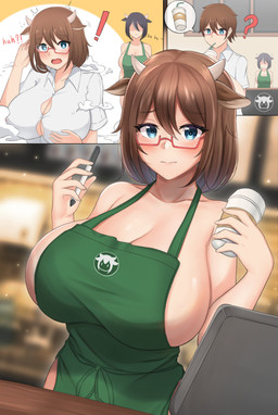 apron apron_only big_breasts blue_eyes bovid_horn bovine_horn breast_expansion breastmilk breasts brown_hair clothing cow_ears cow_horn embarrassed exclamation_point expansion eyeless eyewear female forced forced_transformation gender_transformation glasses green_apron green_clothing hair holding_breast holding_object holding_pen horn huge_breasts human_to_humanoid male male/female mtf_transformation pen poof poof_effect question_mark shirt shocked species_transformation topwear transformation wearing_glasses white_clothing white_shirt white_topwear minori_(artist) chanom_(minori) animal_humanoid bovid bovid_humanoid bovine bovine_humanoid cattle_humanoid human humanoid mammal mammal_humanoid absurd_res hi_res