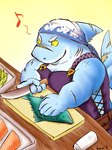 anthro biceps cooking cutting_board kerchief knife male muscular muscular_anthro muscular_male musical_note musical_symbol pecs scar solo symbol kinaisan22511 lifewonders live_a_hero isaribi fish marine shark 3:4