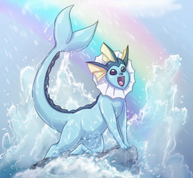 :d ambiguous_gender blue_body blurred_background digitigrade feral glistening glistening_eyes happy on_rock open_mouth parody rainbow rainbow_background raining rock simple_background smile solo splash tail tongue water animatics disney nintendo pokemon the_little_mermaid_(1989) eeveelution generation_1_pokemon pokemon_(species) vaporeon 2021