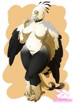 4_toes anthro breasts feathered_wings feathers featureless_breasts feet female genitals knock-kneed multicolored_body multicolored_feathers navel non-mammal_breasts nude pussy simple_background slightly_chubby smile solo standing toes wings yellow_eyes dirtybird kauko accipitriform avian bird secretary_bird signature