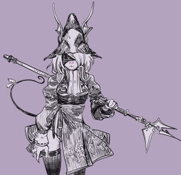 5_fingers accessory anthro armor bangs bent_arm biped blindfold claws clothed clothed_anthro clothed_female clothing cosplay covered_eyes crossover_cosplay dress female female_anthro finger_claws fingers front_view furgonomics hair headgear helmet holding_melee_weapon holding_object holding_polearm holding_spear holding_weapon legwear leotard markings melee_weapon mole_(marking) mouth_closed pink_nose polearm purple_background rat_tail ribbons simple_background solo spear standing tail tail_accessory tail_ribbon thigh_highs weapon 4chan_anon unknown_artist final_fantasy final_fantasy_ix nier_automata platinumgames square_enix freya_crescent yorha_2b burmecian mammal murid murine rat rodent 2025 black_and_white crossover digital_media_(artwork) monochrome portrait spot_color three-quarter_portrait